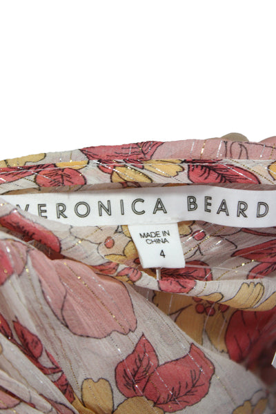 Veronica Beard Womens Pink Floral Silk Lurex VNeck Blouse Longsleeve Size 4