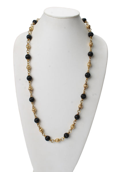 Designer Womens 18K Gold Onyx Carved Bead Station Necklace 32" 139.7g
