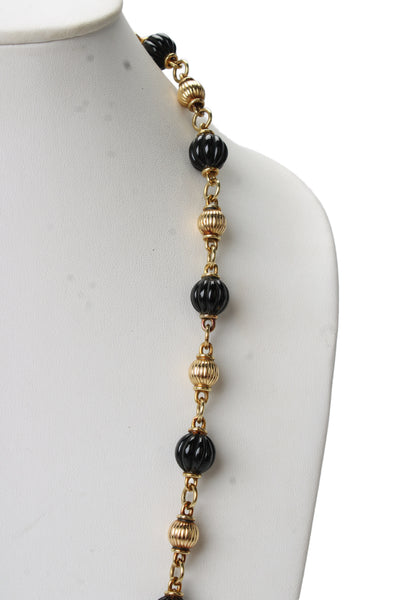 Designer Womens 18K Gold Onyx Carved Bead Station Necklace 32" 139.7g