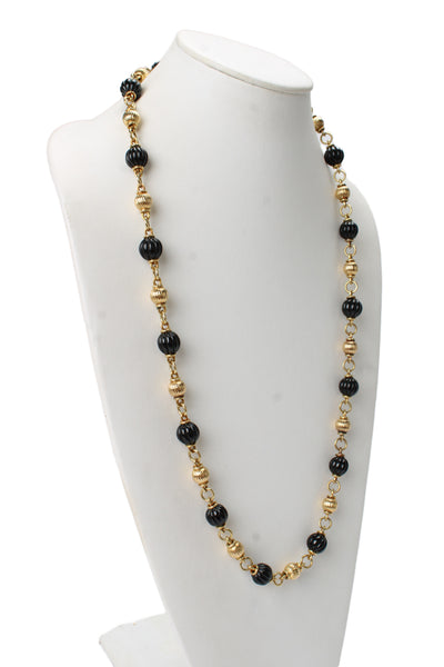 Designer Womens 18K Gold Onyx Carved Bead Station Necklace 32" 139.7g