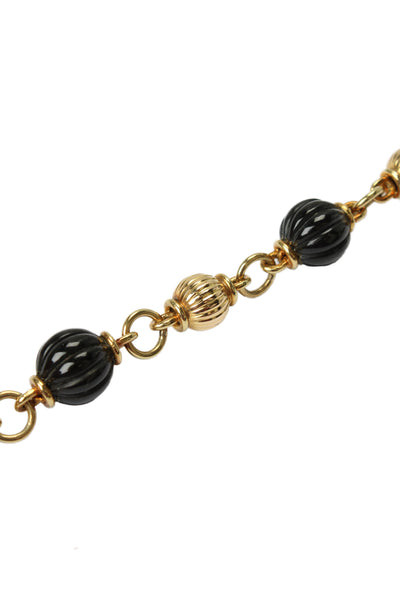 Designer Womens 18K Gold Onyx Carved Bead Station Necklace 32" 139.7g