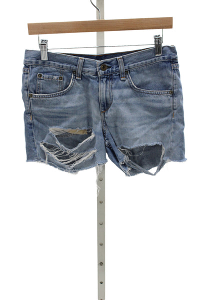 Rag & Bone Unisex Light Blue 100% Cotton Solid Button Shorts Size 25
