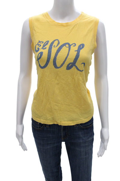 Mother Womens Basic Sleeveless Tank Yellow Graphic Crew Neck Cotton Size S