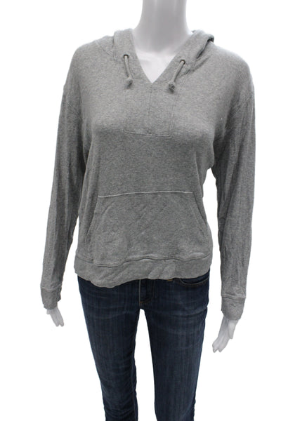 Skin Women Pullover Hoodies Gray V-Neck Drawstring Long Sleeve Size 2
