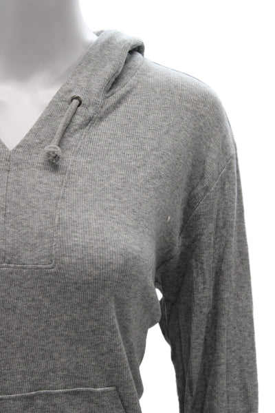 Skin Women Pullover Hoodies Gray V-Neck Drawstring Long Sleeve Size 2