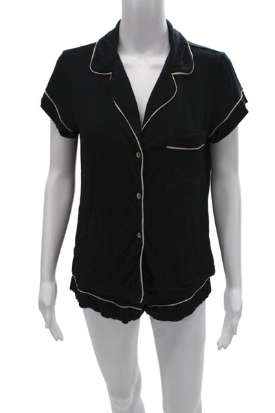 Eberjey Womens Collared Short Sleeve Solid Pajama Set Top Black Size S