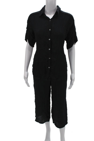 Michael Stars Women Collared Short Sleeve Black Cotton Jumpsuit Size S