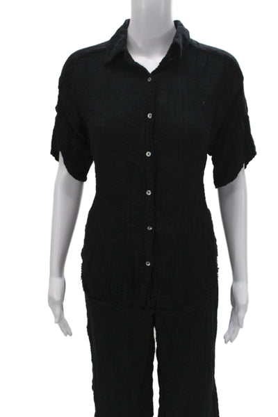 Michael Stars Women Collared Short Sleeve Black Cotton Jumpsuit Size S