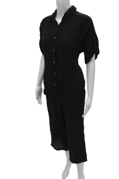 Michael Stars Women Collared Short Sleeve Black Cotton Jumpsuit Size S