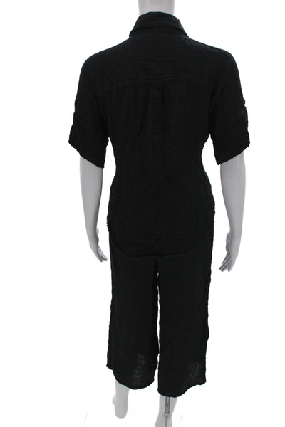 Michael Stars Women Collared Short Sleeve Black Cotton Jumpsuit Size S