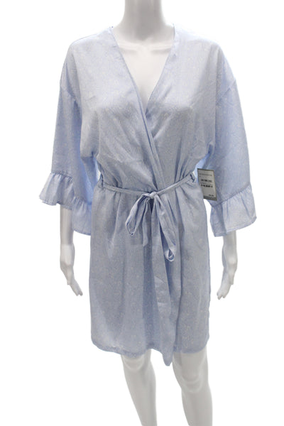 Nordstrom Women Blue Abstract V-Neck Short Robe Dress Long Sleeve Size S
