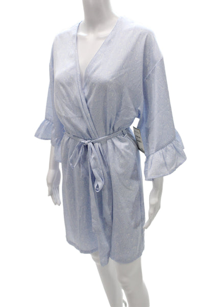 Nordstrom Women Blue Abstract V-Neck Short Robe Dress Long Sleeve Size S