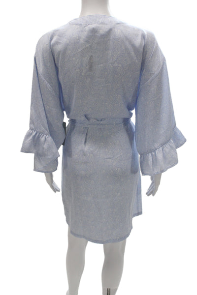 Nordstrom Women Blue Abstract V-Neck Short Robe Dress Long Sleeve Size S