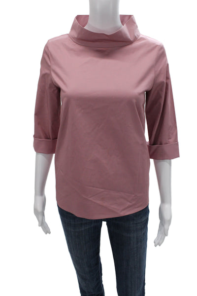COS Women High Neck Button Cotton Short Sleeve Pink Top Size 4