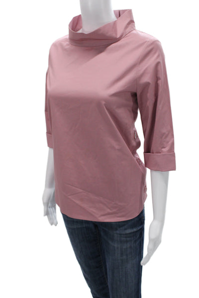 COS Women High Neck Button Cotton Short Sleeve Pink Top Size 4