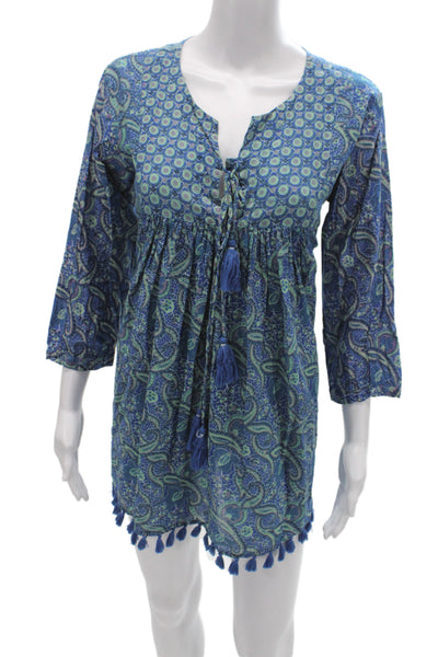Ro's Garden Women Kaftan Paisley Silk Short Dress Dark Blue 3/4 Sleeve Size M