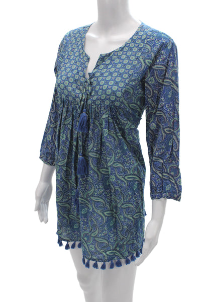 Ro's Garden Women Kaftan Paisley Silk Short Dress Dark Blue 3/4 Sleeve Size M