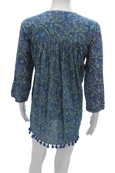 Ro's Garden Women Kaftan Paisley Silk Short Dress Dark Blue 3/4 Sleeve Size M
