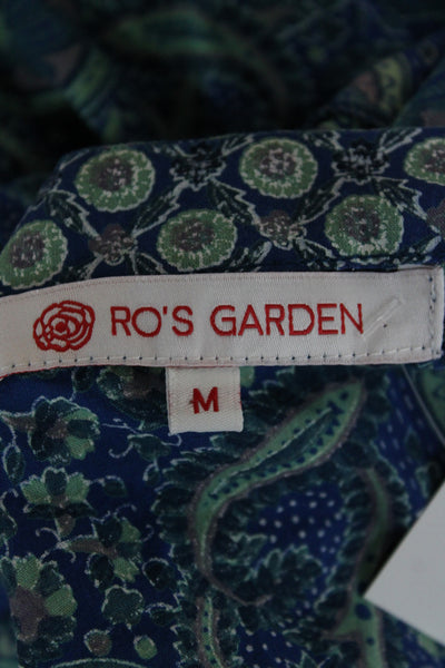 Ro's Garden Women Kaftan Paisley Silk Short Dress Dark Blue 3/4 Sleeve Size M