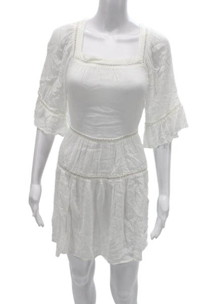 Playa Lucila Women Fit & Flare Mini White Viscose Square Neck Dress Size M