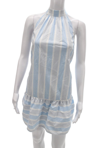 Staud Womens Shift Sundress Light Blue Silk Striped High Neck Size S
