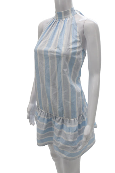 Staud Womens Shift Sundress Light Blue Silk Striped High Neck Size S