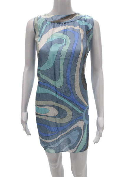 Emilio Pucci Womens Blue Silk Geometric Sleeveless Shift Mini Dress Size S