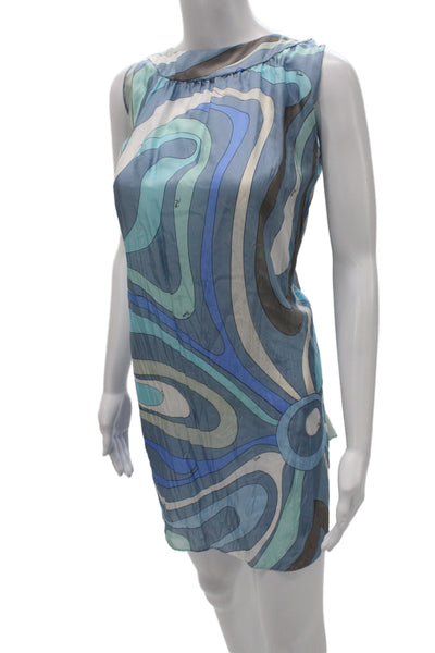 Emilio Pucci Womens Blue Silk Geometric Sleeveless Shift Mini Dress Size S