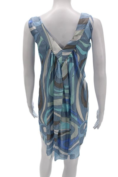 Emilio Pucci Womens Blue Silk Geometric Sleeveless Shift Mini Dress Size S