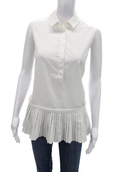 Akris Punto Women Sleeveless Collared Button-Up Blouse White PolyCotton Size 8