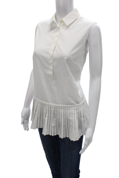 Akris Punto Women Sleeveless Collared Button-Up Blouse White PolyCotton Size 8