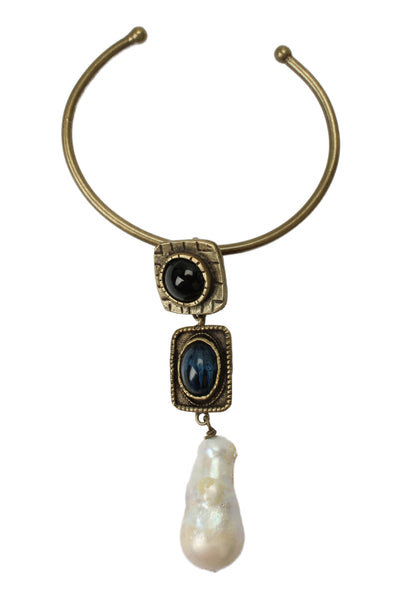Julie de Libran Womens Brass Baroque Pearl + Paste Glass Bangle Bracelet