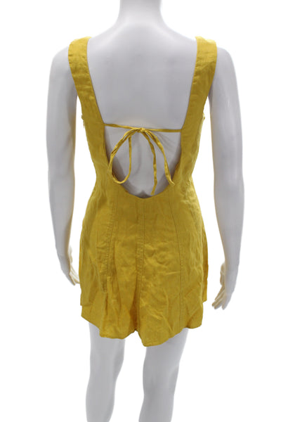 Reformation Women Romper Yellow Linen Square Neck Sleeveless Short Size 0