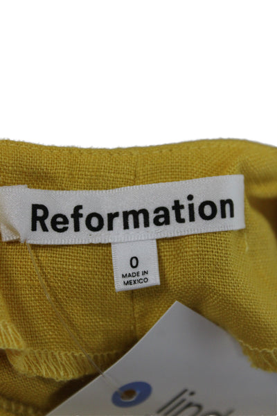 Reformation Women Romper Yellow Linen Square Neck Sleeveless Short Size 0