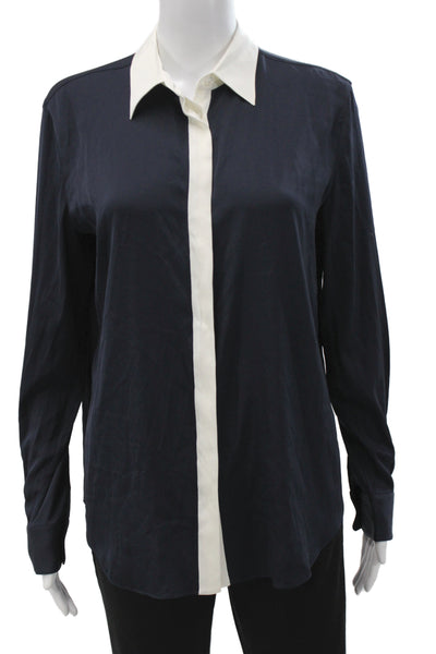 Lily Silk Women Collared Long Sleeve Silk Blend Button-Up Top Dark Blue Size M