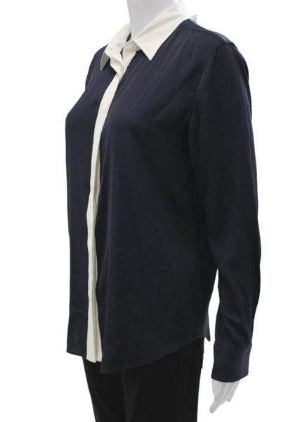 Lily Silk Women Collared Long Sleeve Silk Blend Button-Up Top Dark Blue Size M