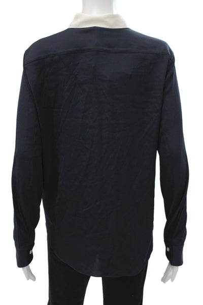 Lily Silk Women Collared Long Sleeve Silk Blend Button-Up Top Dark Blue Size M