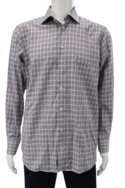 Eton Mens Point Collar Dress Shirt Blue Plaid Long Sleeve Cotton Size 39