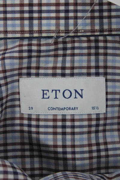 Eton Mens Point Collar Dress Shirt Blue Plaid Long Sleeve Cotton Size 39