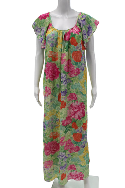 Mary McFadden Women Kaftan Maxi Floral Cotton Dress Green Round Neck Size L