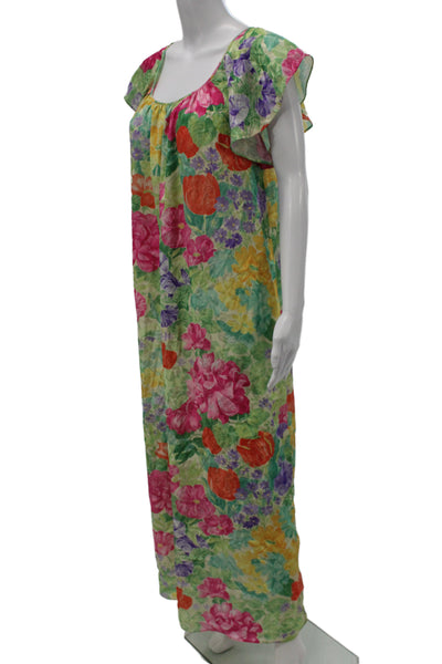 Mary McFadden Women Kaftan Maxi Floral Cotton Dress Green Round Neck Size L
