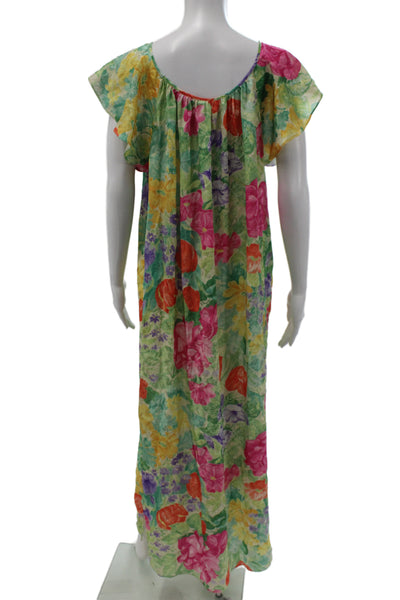 Mary McFadden Women Kaftan Maxi Floral Cotton Dress Green Round Neck Size L