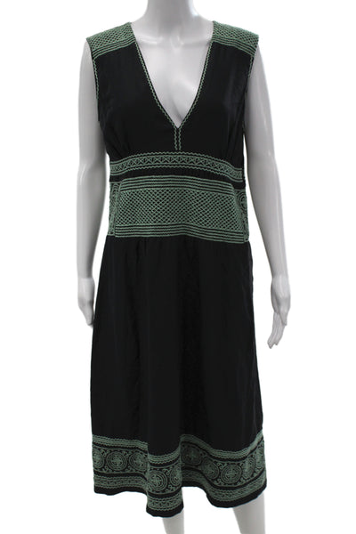 Cacharel Women A-Line Sundress Black V-Neck Cotton Knee Length Size L