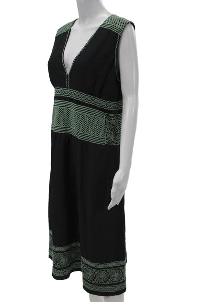 Cacharel Women A-Line Sundress Black V-Neck Cotton Knee Length Size L