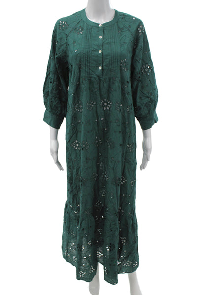 dRA Los Angeles Women Kaftan Maxi Dress Green Floral Cotton 3/4 Sleeve Size M