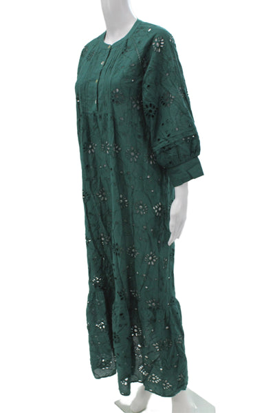 dRA Los Angeles Women Kaftan Maxi Dress Green Floral Cotton 3/4 Sleeve Size M