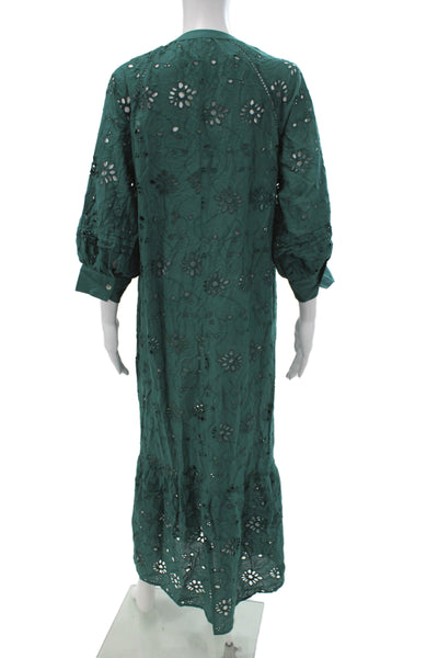 dRA Los Angeles Women Kaftan Maxi Dress Green Floral Cotton 3/4 Sleeve Size M