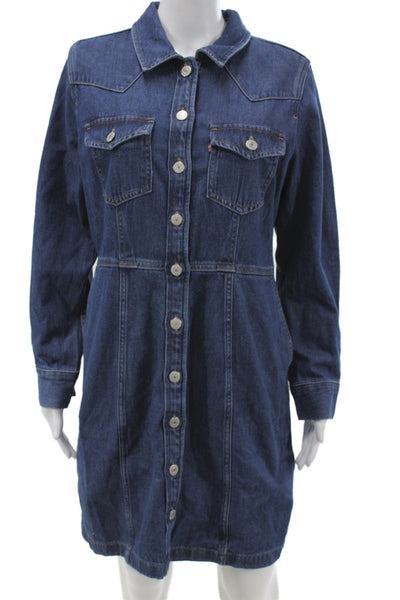 Levis Womens Dark Blue Cotton Long Sleeve Shirt Dress Button Collared Size L