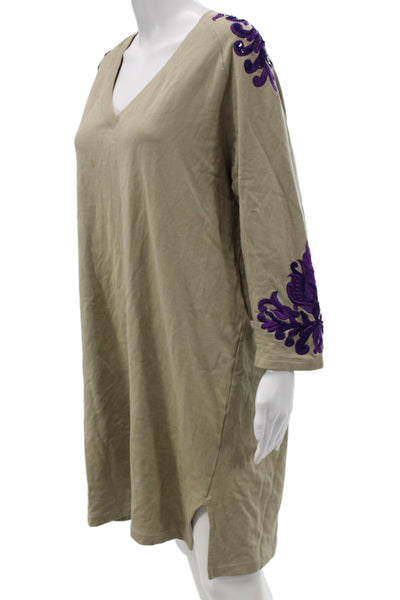 Dries Van Noten Womens Beige Kaftan Dress V-Neck Long Sleeve Size M