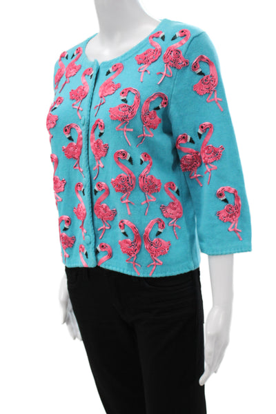 Michael Simon Womens Cardigan Blue Ramie Crew Neck Abstract Long Sleeve Size S